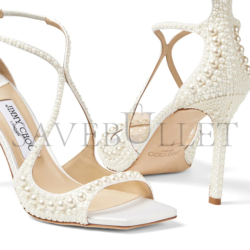 JIMMY CHOO AZIA 95 WHITE SATIN SANDALS WITH ALL-OVER PEARLS AZIA95WOZ_S